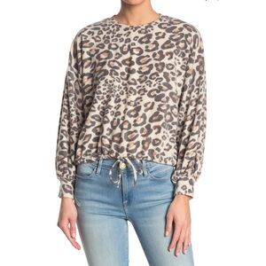 Know One Cares Brushed Knit Leopard Print Drawstring Hem‎ Sweater Ivory, Size L